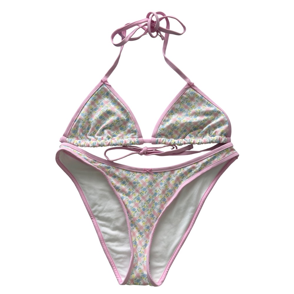 Frankies Bikinis x VS PINK Floral Gingham Triangle Bikini Set Pink Large NWT